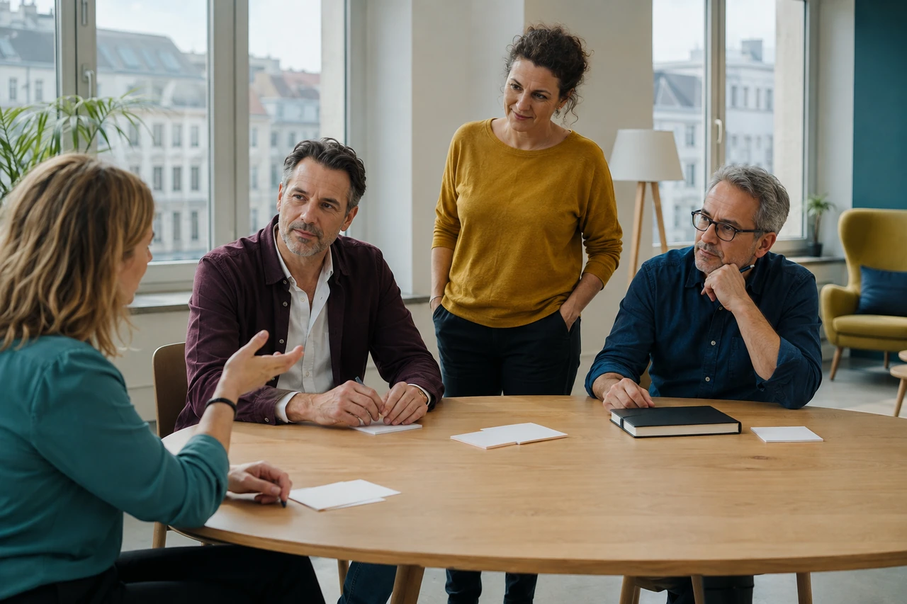 Symbolischer Erfahrungsaustausch berufserfahrener Menschen in einem europäischen Workshopraum.